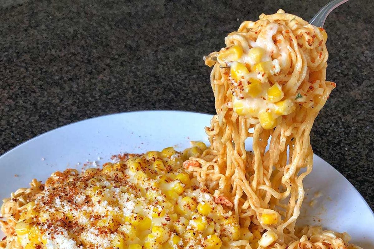 Maruchan with corn, cheese, lime, and chili